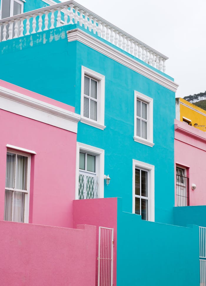 Facades of Pink and Blue Houses in Bo-Kaap in Cape Town, South Africa